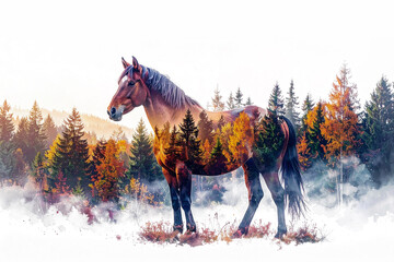 森と馬の多重露光イメージ,Generative AI,AI画像