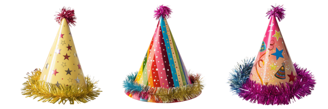  Set of A party hat with decorative tinsel isolated on a transparent background