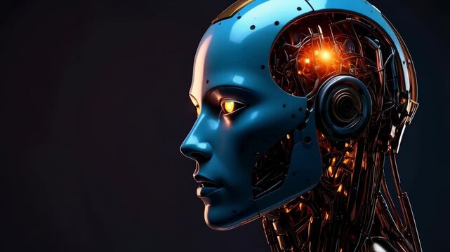 Futuristic female robot head shot with glowing eyes, metallic components and artificial intelligence in dark studio background for science fiction.