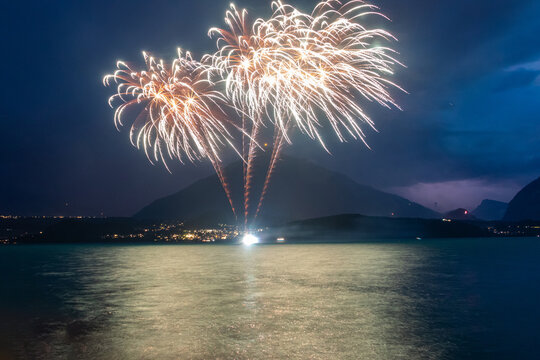 Fantastic fireworks at the Lake Thun during the Swiss National Day celebrations on August 1 in Gunten, Bern canton, Switzerland