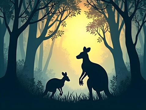 Cangaroo Forest Nature Animal Art, Animal Forest Scene Illustration, Jungle Animals Silhouette Sublimation Design