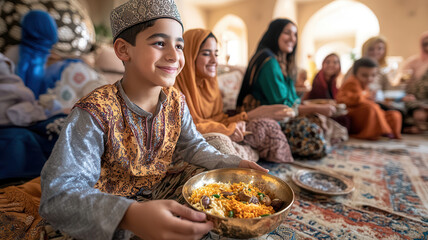 Young middle eastern boy enjoying traditional meal in festive gathering with family, featuring vibrant cultural attire and lively atmosphere