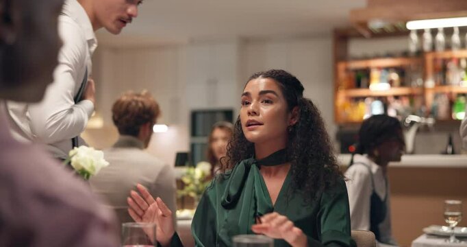 Restaurant, food and couple in argument with waiter for bad service and terrible dinner with complaint. Fighting, upset and man with woman for talking to manager with conflict for serving wrong order