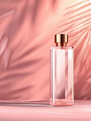 Naklejka premium Elegant glass perfume bottle against a soft pink backdrop with palm leaf shadows