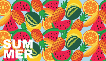 Seamless pattern of watermelon, pineapple, and tropical fruits – flat vector