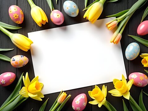 Decorated Easter eggs, tulips, and daffodils arranged around a blank white card on dark wooden surface, symbolizing spring and Easter celebration Space for text