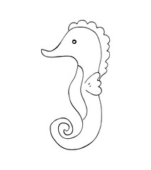 Minimal black line drawing of a seahorse with simple, smooth shapes and whimsical style. Perfect for ocean-themed designs, children's decor, coloring books, educational materials