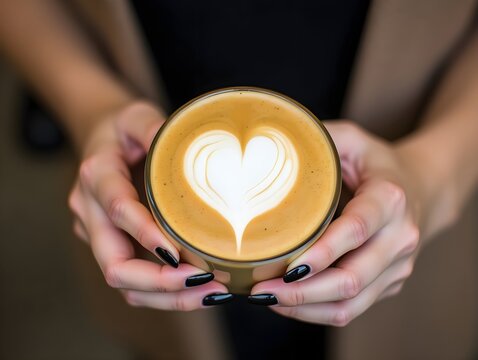 Womans hands with manicured nails holding a latte with heart-shaped latte art.