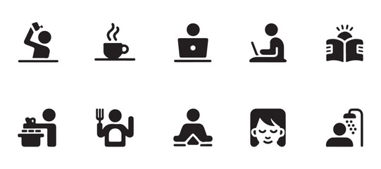 set of simple, black and white icons depicts various daily routines vector art on white