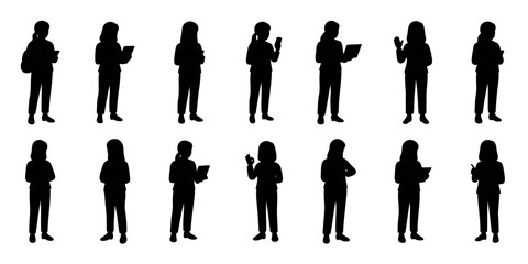 1Silhouette set of businesswomen in various professional poses. Female office workers standing with digital devices and making gestures. Clean black vector illustration isolated on white background