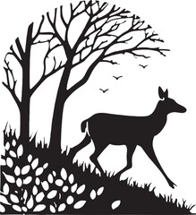 A striking black and white silhouette of a majestic buck standing alert in a forest clearing, enclosed within a circular frame. This nature-inspired deer design is perfect for outdoor-themed apparel, 