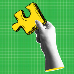 Trendy halftone collage banner with hand holding the piece of jigsaw puzzle. Smart idea and teamwork concept. Contemporary vector illustration