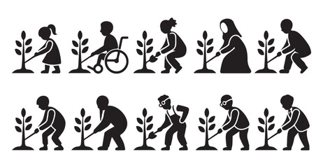 a variety of people, including children, adults with disabilities, and elderly individuals, actively planting saplings.