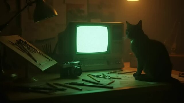 Vintage workspace featuring a cat beside an old computer, surrounded by scattered art supplies