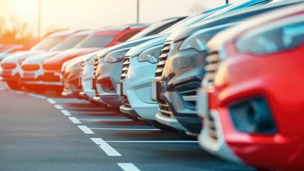 Car enthusiasts will appreciate the vibrant display of different car models parked side by side. The warm glow of the sunset accentuates their sleek designs and diverse colors