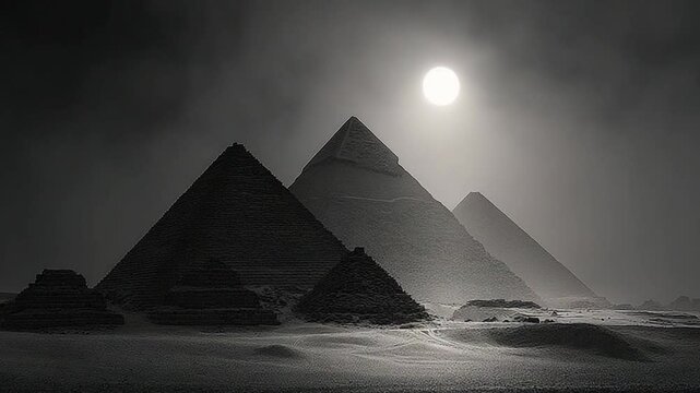 Mystical Monochrome: The Great Pyramids of Giza Under a Full Moon's Glow
