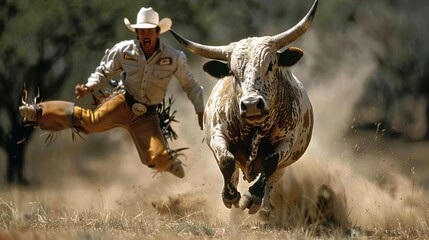 A cowboy in action jumps alongside a running longhorn cow in a rustic field setting, capturing the thrill and energy of ranch life, embodying tradition and adventure.