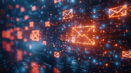 An engaging abstract digital artwork featuring floating envelope icons against a mesmerizing background of light and colors, symbolizing communication and connection.