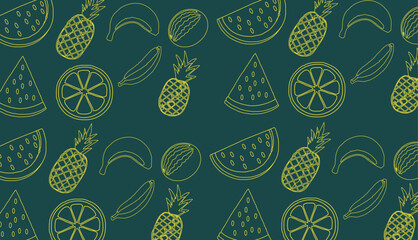 Seamless pattern of watermelon, pineapple, and tropical fruits – flat vector