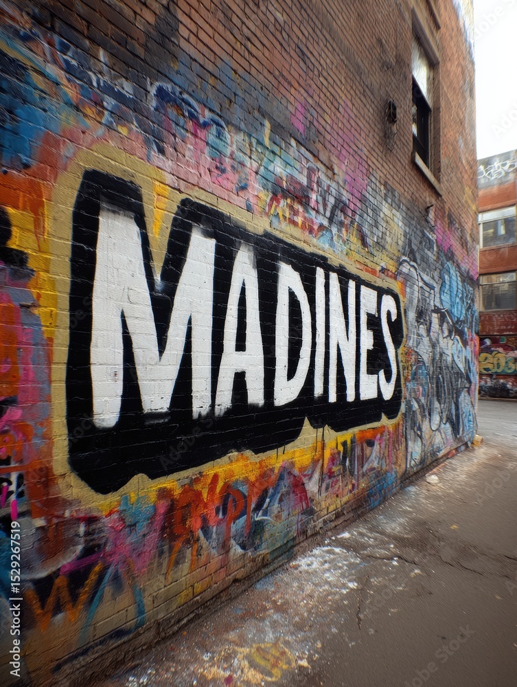 Aufkleber graffiti art featuring bold text madness on an urban wall surrounded by vibrant colors and patterns 