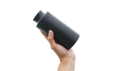 Photo of hand holding a black plastic shaker bottle isolated on transparent background.png