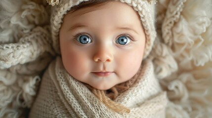 A close-up portrait of a beautiful baby with wide blue eyes and a sweet expression, wrapped in cozy fabric, representing innocence, curiosity, and the joy of new beginnings.