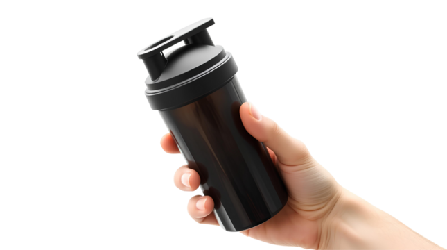 Photo of hand holding a black plastic shaker bottle isolated on transparent background.png