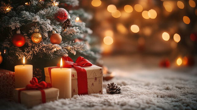Christmas tree with glowing candles, red and gold baubles, and wrapped gifts resting on snowy carpet in warm festive lighting. Cozy and magical holiday atmosphere.