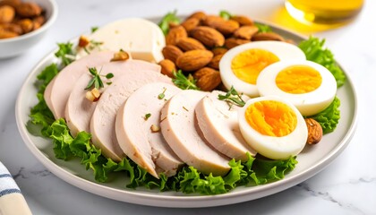 Keto diet plate with chicken, eggs, cheese, and almonds for healthy eating