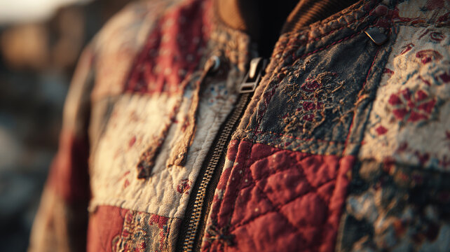 Thrifted patchwork jacket showcasing unique textures and colors in soft fabric