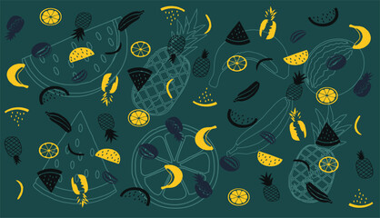 Seamless pattern of watermelon, pineapple, and tropical fruits – flat vector
