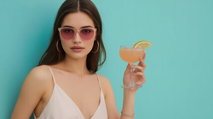 A beautiful stylish brunette in sunglasses and with a cocktail in her hand. The girl is standing in a delicate pink dress on a turquoise background. The atmosphere of summer rest and relaxation.