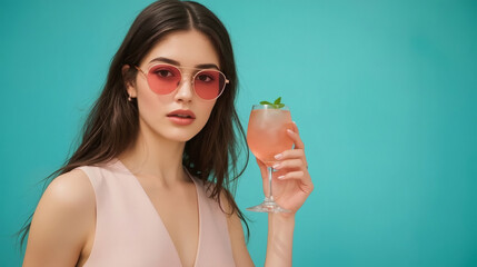 A beautiful stylish brunette in sunglasses and with a cocktail in her hand. The girl is standing in a delicate pink dress on a turquoise background. The atmosphere of summer rest and relaxation.