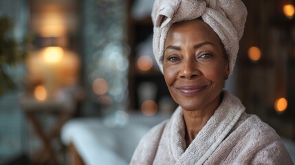 A serene image of an elegant older woman wrapped in a towel, exuding confidence and tranquility in a cozy spa atmosphere, emphasizing wellness and self-care.