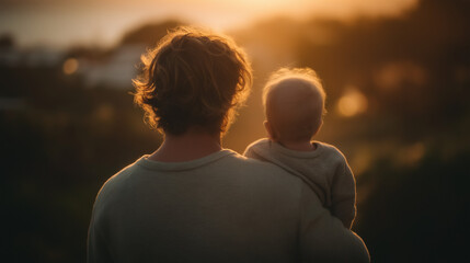 Father holding baby in golden hour light at a park