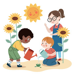 Sunflower kindergarten. Three children are watering a plant. One of the children is wearing glasses. The scene is bright and cheerful, with the sun shining down on the children and the flowers.
