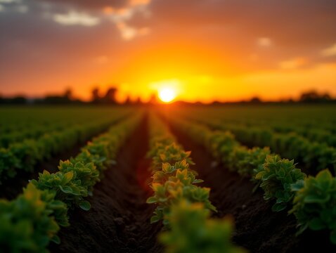 Sunset over rows of green crops in field. Golden sunlight illuminates young plants growing in straight rows under a vibrant sunset sky.
