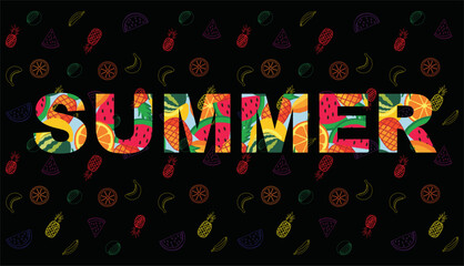 Seamless pattern of watermelon, pineapple, and tropical fruits – flat vector