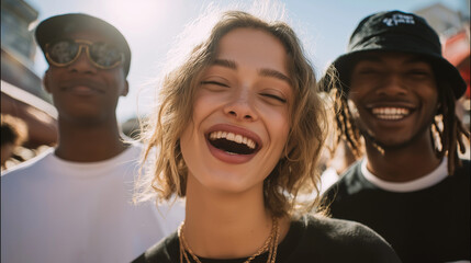 Multiracial group of young people laughing together in the city street