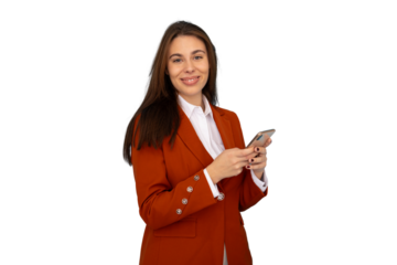 Smiling professional woman working on smartphone, transparent background