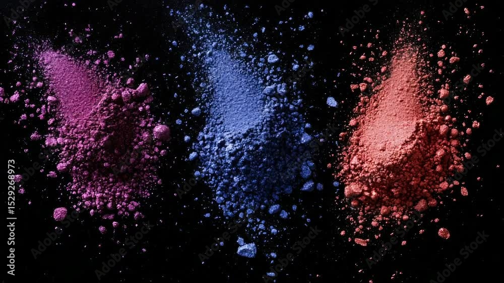 Poster A close-up of three differently colored powders on a dark background, perfect for uses such as science or chemistry illustrations