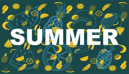 Seamless pattern of watermelon, pineapple, and tropical fruits – flat vector