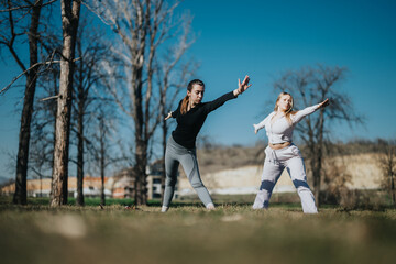 Two women engaged in yoga exercises in a scenic park, enjoying an outdoor fitness session beneath clear blue skies and among trees.