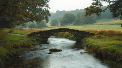 serene rural landscape with a winding river and a small stone bridge, Generative AI
