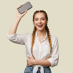 A vibrant and joyful young woman shows off her phone. This image is suitable for social media, advertising, or articles related to technology, youth culture, or positive emotions