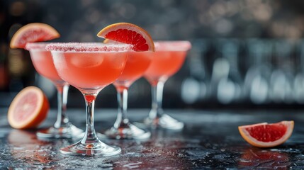 A vibrant display of refreshing grapefruit cocktails garnished with citrus slices, perfect for summer gatherings or upscale events, showcasing elegance and enjoyment.