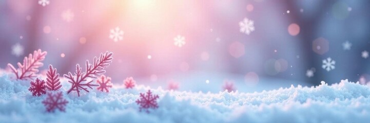 Subtle pastel gradient, ethereal snowflakes, serene winter scene, fluffy, january