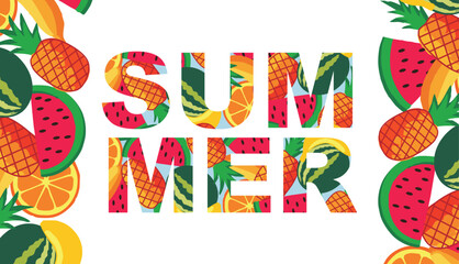 Seamless pattern of watermelon, pineapple, and tropical fruits – flat vector