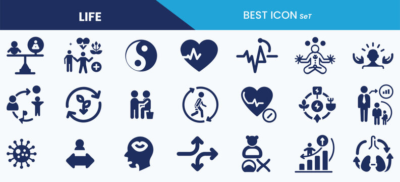 Best Life Icon Set Collection. Wellness, Pulse, Evolution, Balance, Cardio, Routine, Breathing and Vector Illustration.