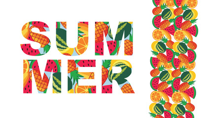 Seamless pattern of watermelon, pineapple, and tropical fruits – flat vector